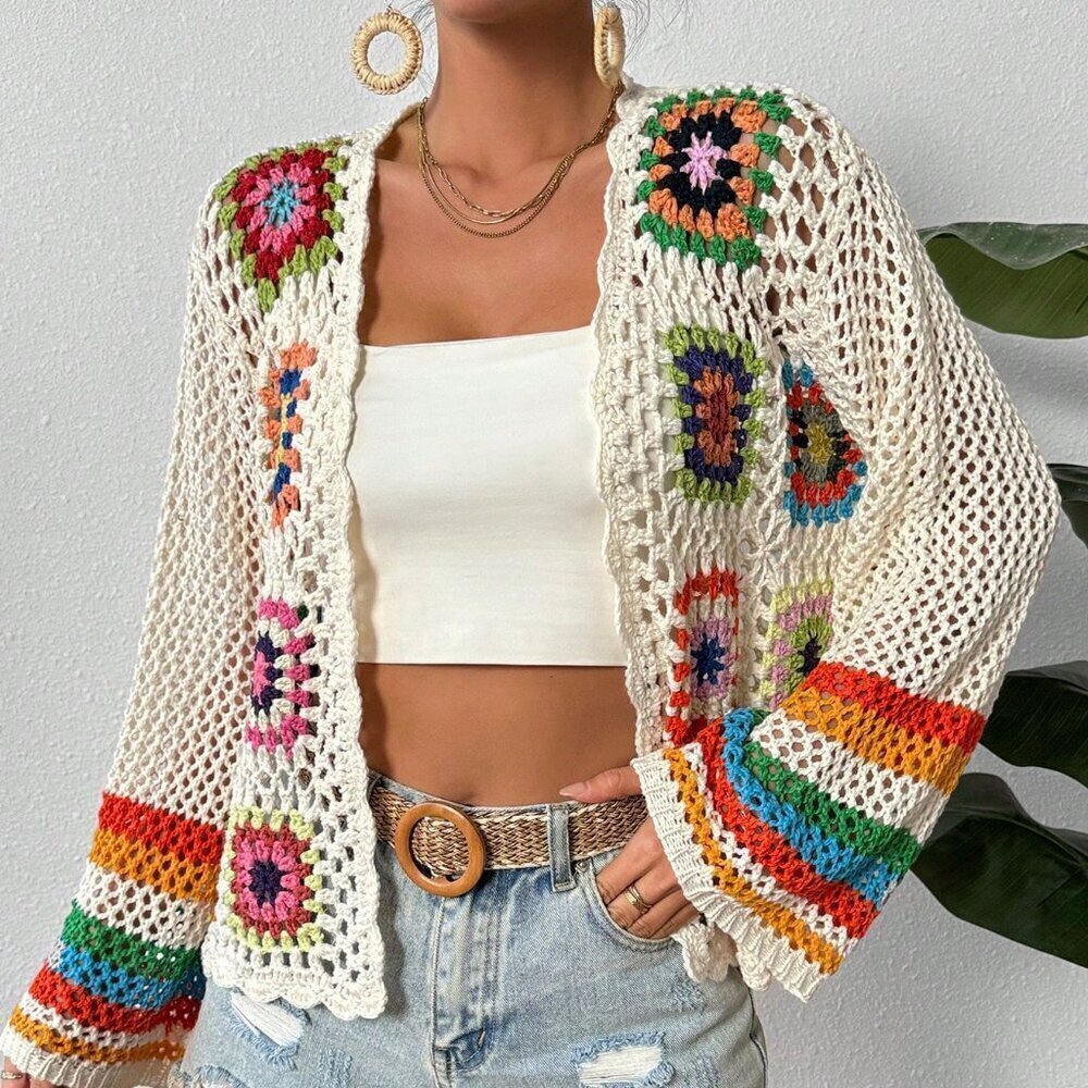 Multicolor Casual Womens Braided Hollow Out Holiday Long Sleeve Open Cardigan